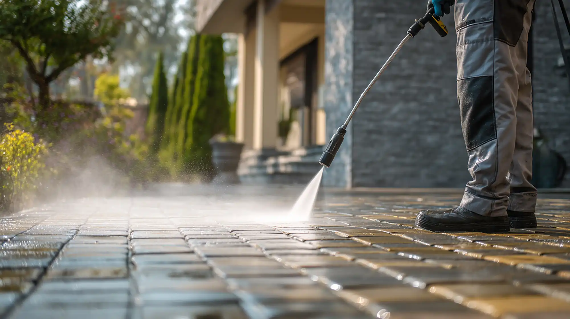 Man power washing a driveway with cobbled stones.