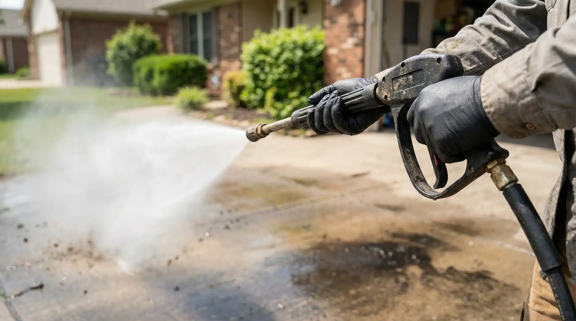 Man powerwashing a driveway.