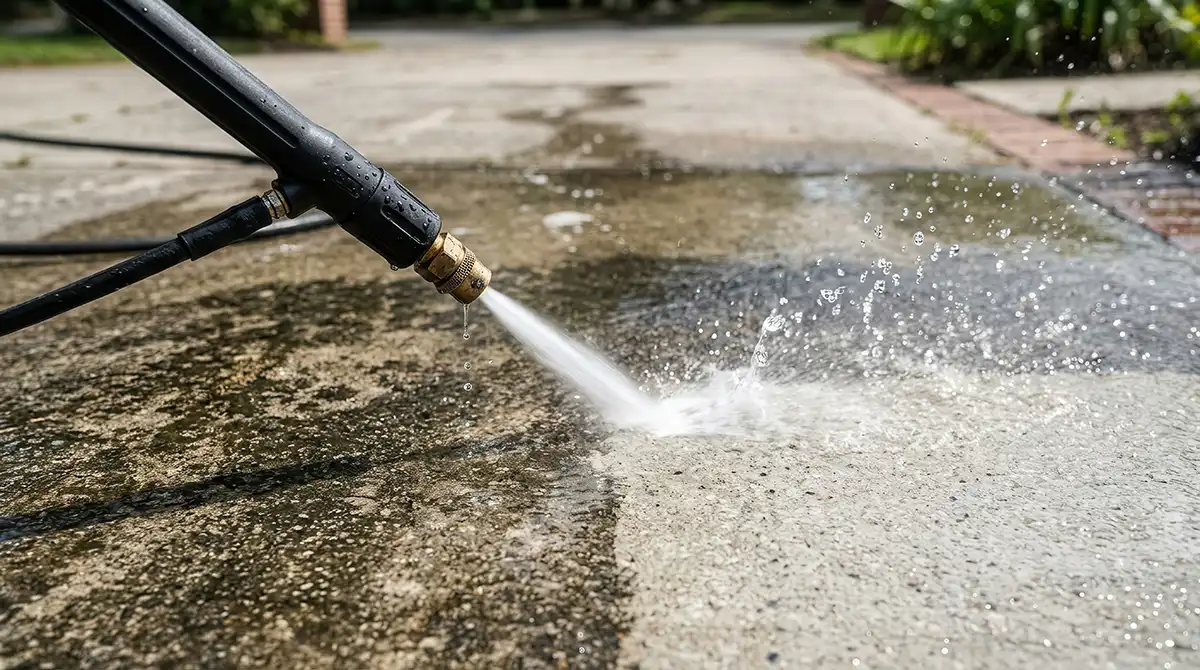 Power washing a patio with a high powered cleaner.