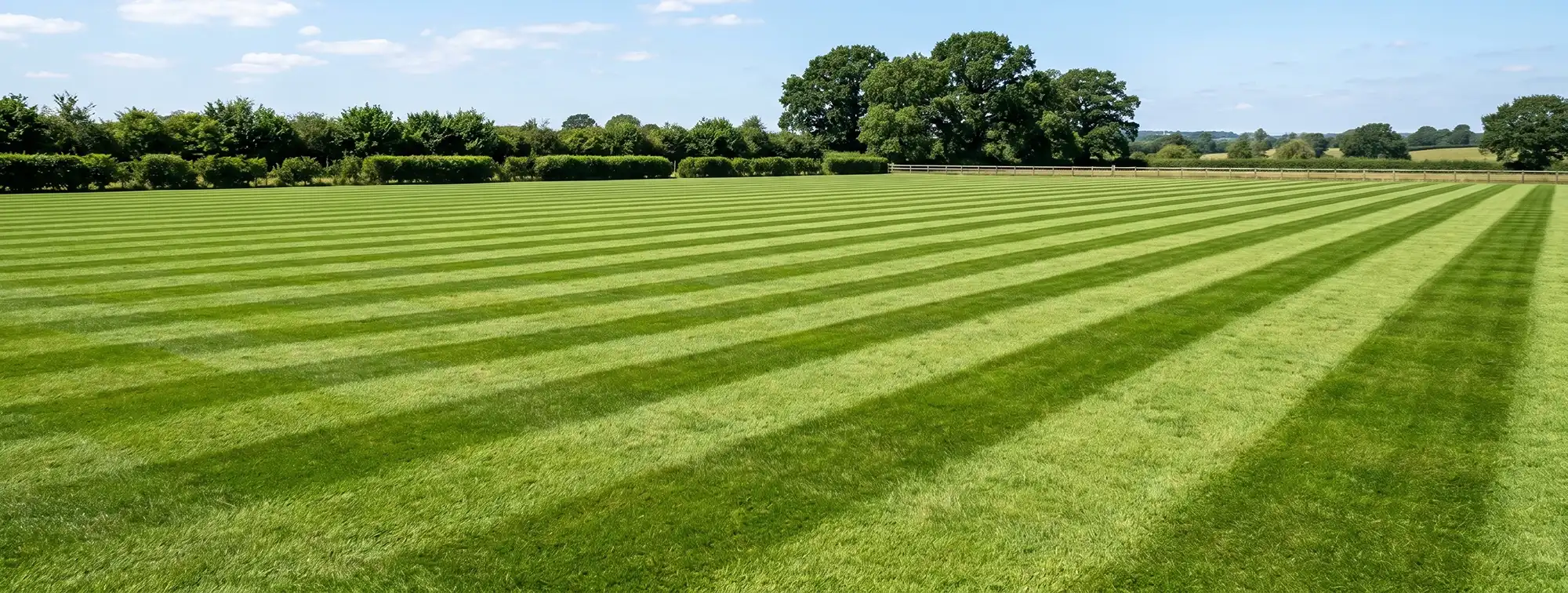 Large lawn with hedges around the edge.