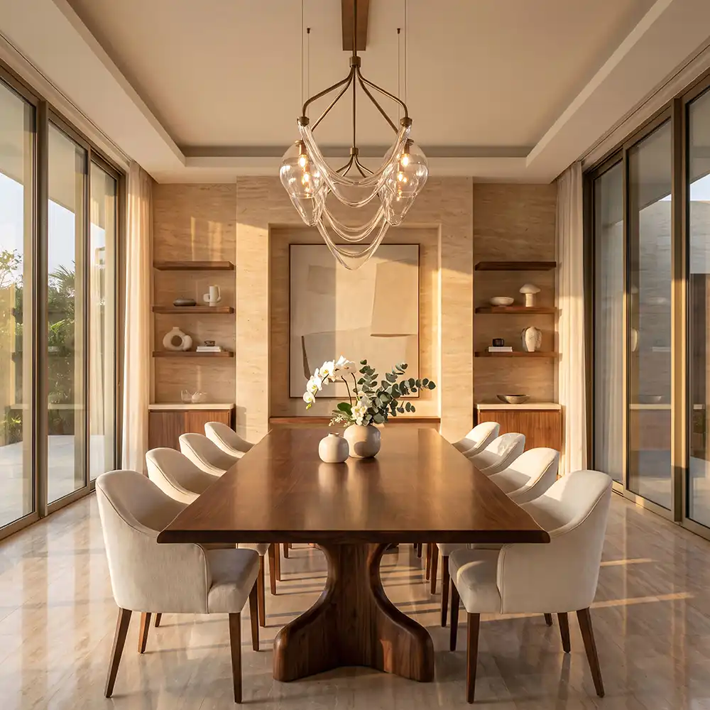 Modern dining room with a large wooden table surrounded by eight upholstered cream chairs, two white vases with flowers in the center, minimalist shelving on beige walls, large windows with sheer curtains, and a contemporary chandelier overhead.