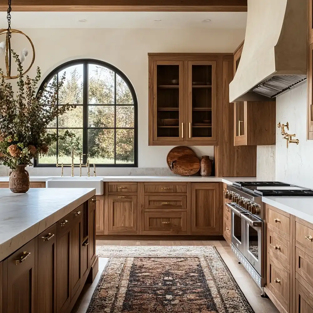 Modern kitchen with wooden cabinetry, a marble island, a large arched window above a white farmhouse sink, gold fixtures, a stainless steel oven, and a decorative rug on the floor.