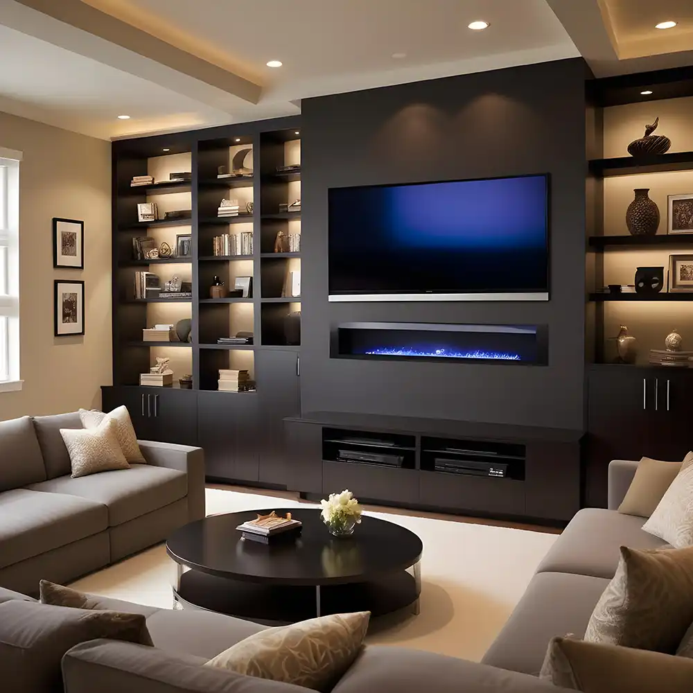 Modern living room with two beige sofas around a black round coffee table, built-in dark wood shelving filled with books and decor, a wall-mounted flat-screen TV above a sleek electric fireplace, and recessed ceiling lights providing warm illumination.