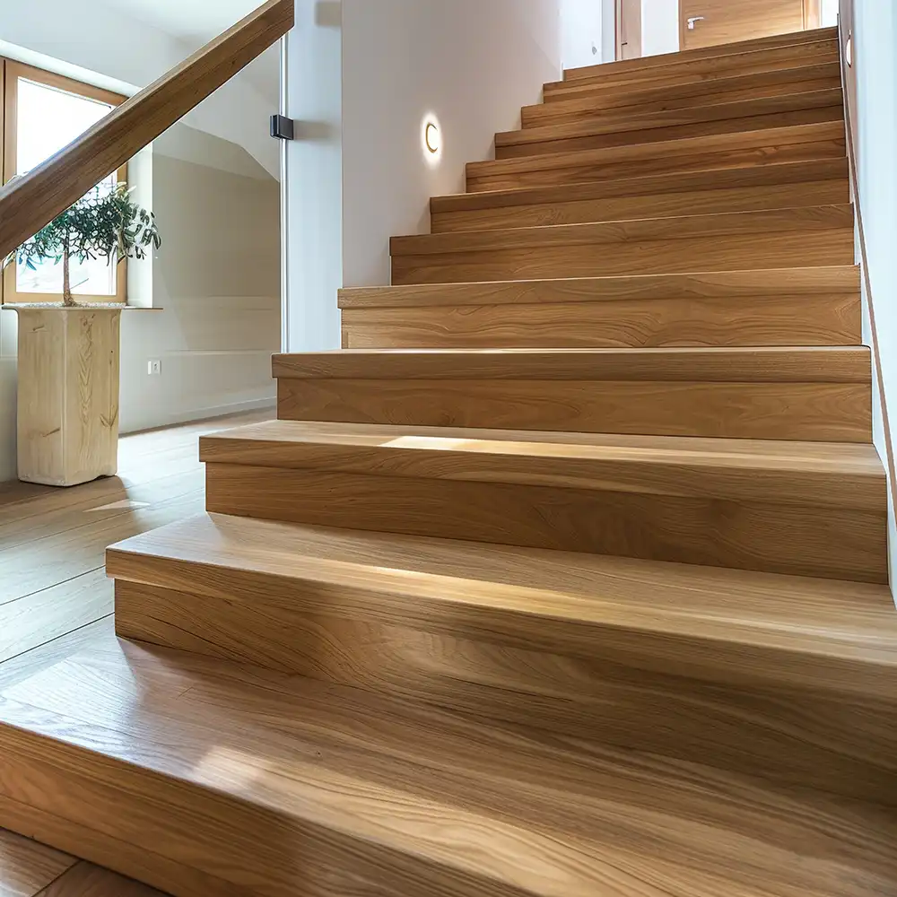 Wooden staircase with banister.