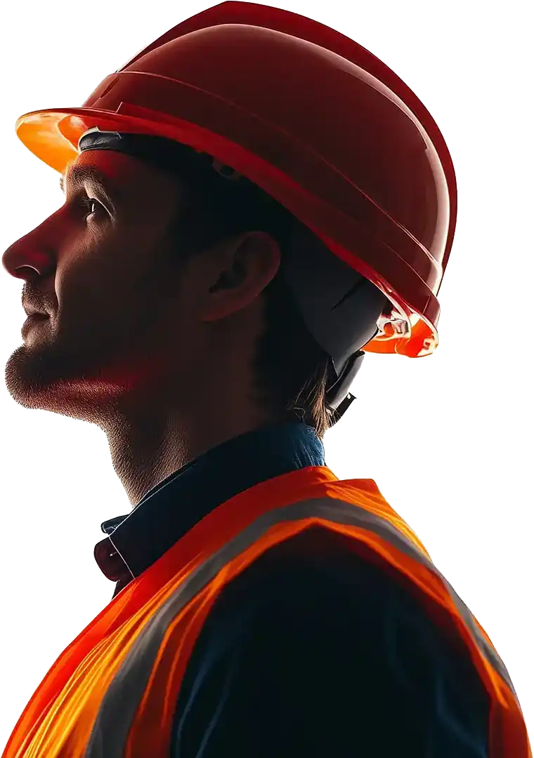Side profile of a man wearing an orange construction hard hat and a high-visibility safety vest, looking upwards.