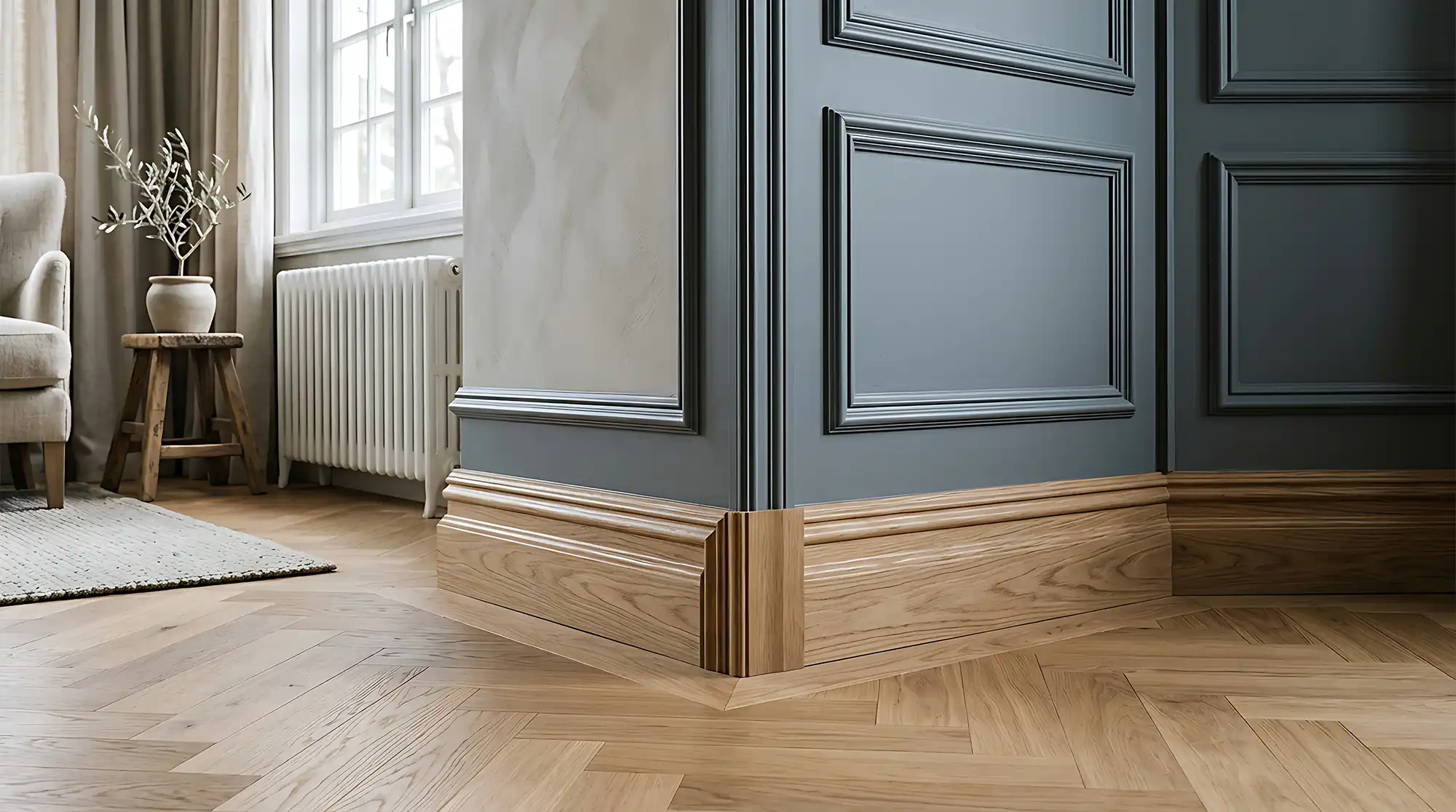 Interior corner of a room showing detailed wooden baseboards along a herringbone wooden floor, with gray paneled walls and a nearby window letting in natural light, a potted plant on a wooden stool, and an upholstered chair partially visible.