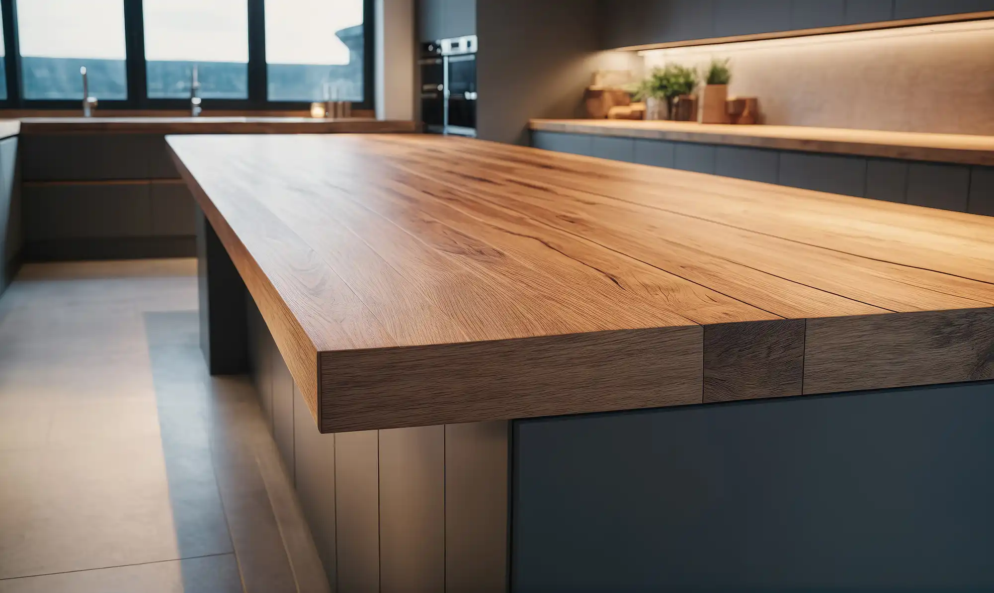 Modern kitchen with a large wooden island countertop featuring natural wood grain, surrounded by dark cabinetry and soft under-cabinet lighting.