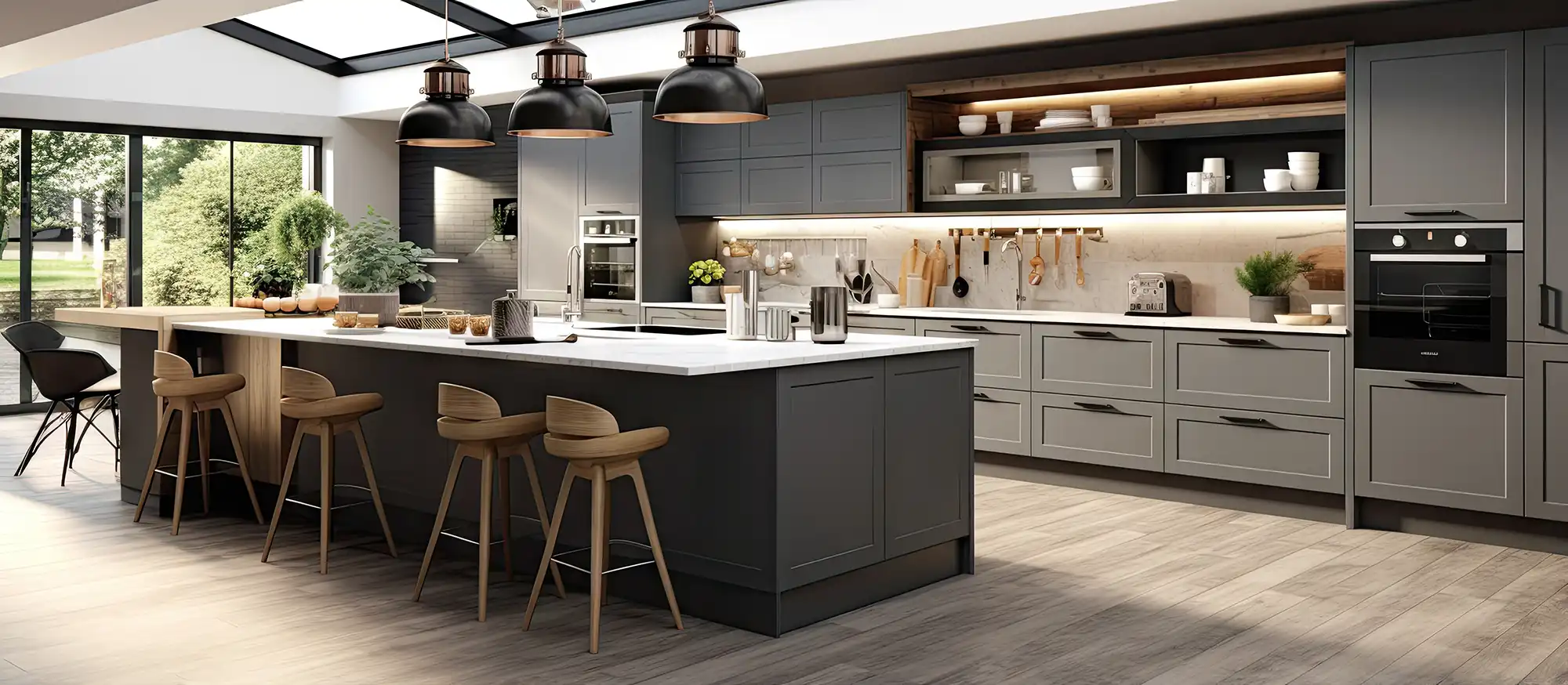 Modern kitchen with large island featuring white countertop and four wooden bar stools, gray cabinets with built-in oven, hanging black pendant lights, and sliding glass door opening to greenery outside.