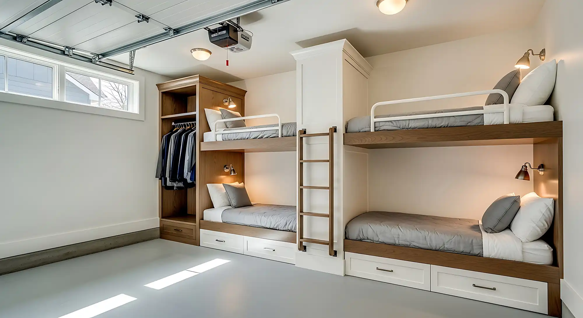 Modern bedroom with two sets of wooden bunk beds with gray bedding and white pillows, built-in storage drawers, a wooden ladder in the center, clothing hanging in an open closet on the left, and light fixtures above each bed, under a garage-style window and ceiling lights.