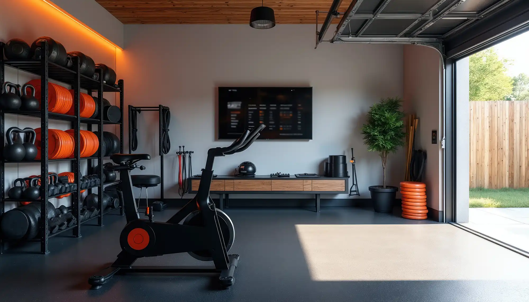 Modern home gym with a stationary bike in the center, black metal shelves on the left holding black kettlebells and orange weight plates, a wall-mounted TV screen above a wooden console table, resistance bands hanging on the wall, and a potted plant next to stacked orange weight plates near an open garage door revealing a wooden fence and green yard outside.