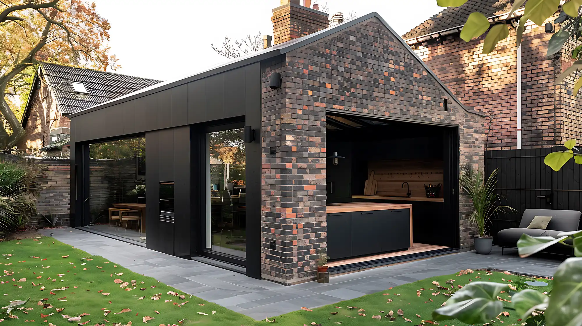 Modern garage with dark brick and black panel exterior, featuring large glass sliding doors and an open kitchen area inside, set in a backyard with a gray stone patio and green lawn scattered with leaves.