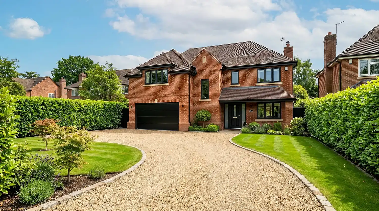House with gravel driveway.