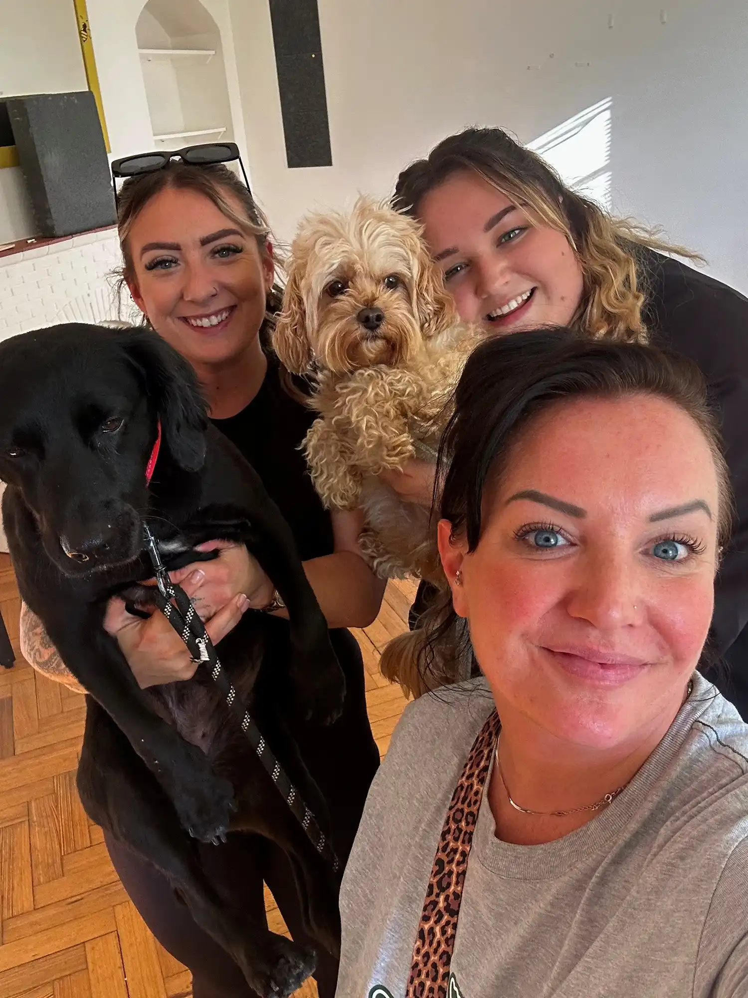 three women and a dog