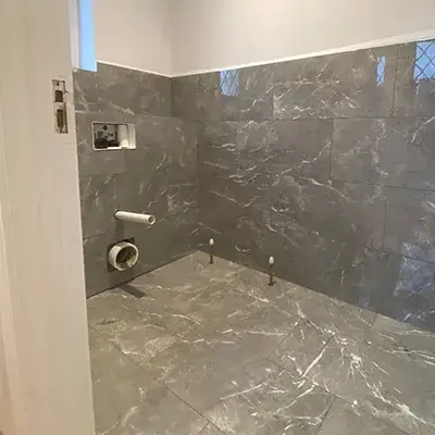 A bathroom with a toilet and a shower.