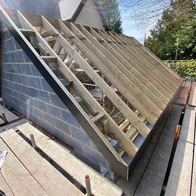 The roof of a house being built.