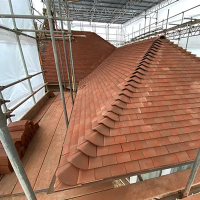The roof of a building with scaffolding around it.