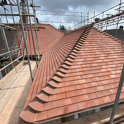 The roof of a building with scaffolding around it.