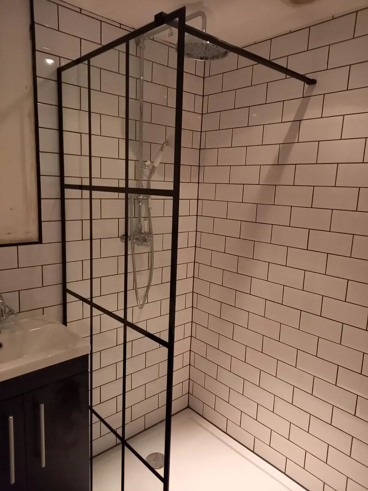 a bathroom with a shower and a sink