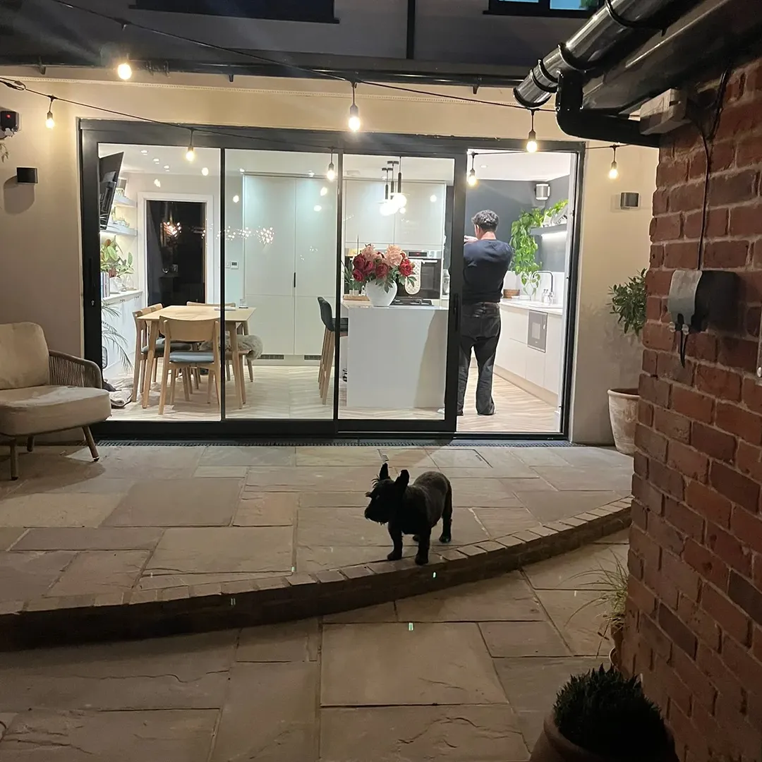 A dog is standing outside of a house.