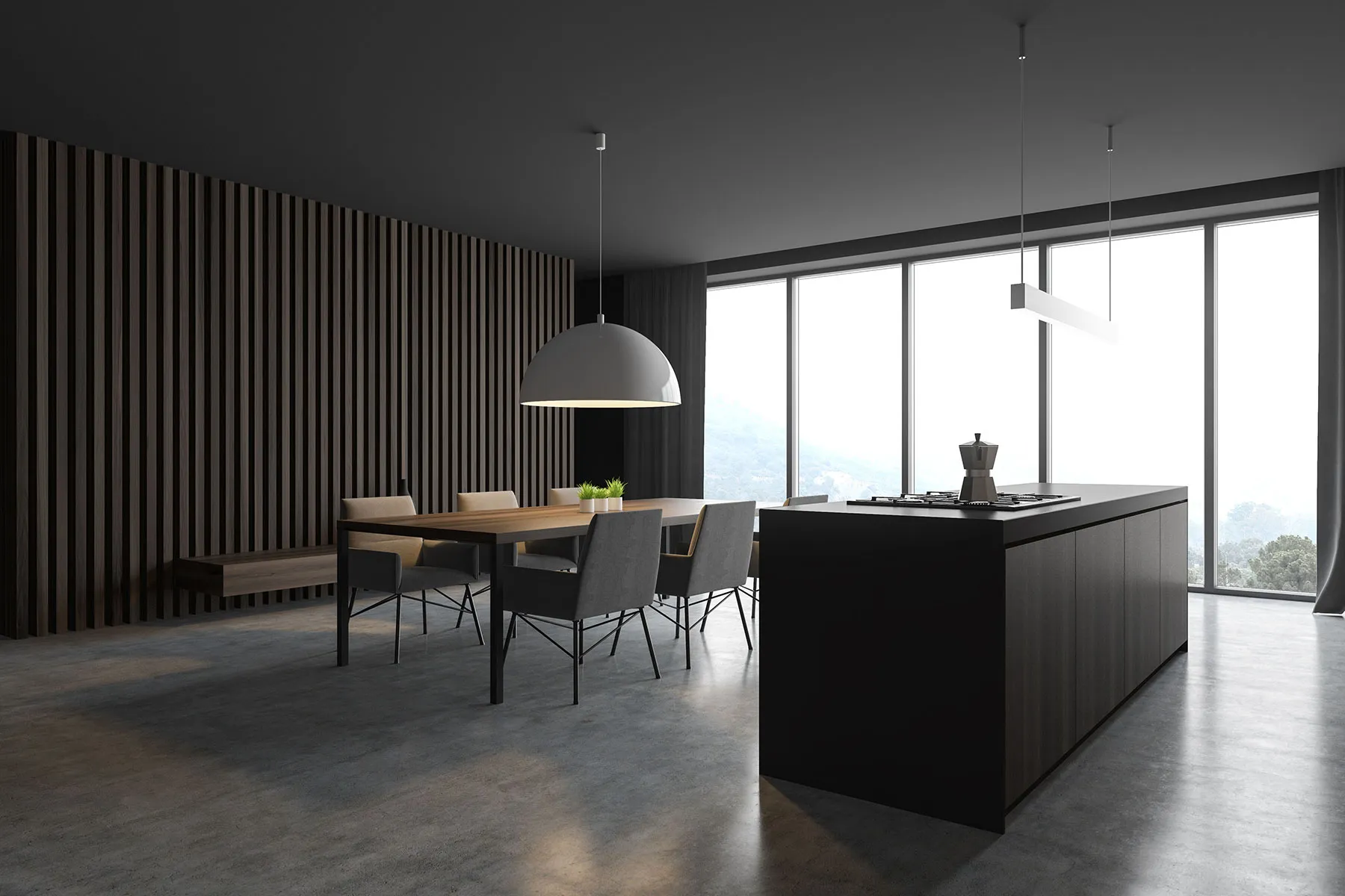 A kitchen with a table and chairs and a large window.